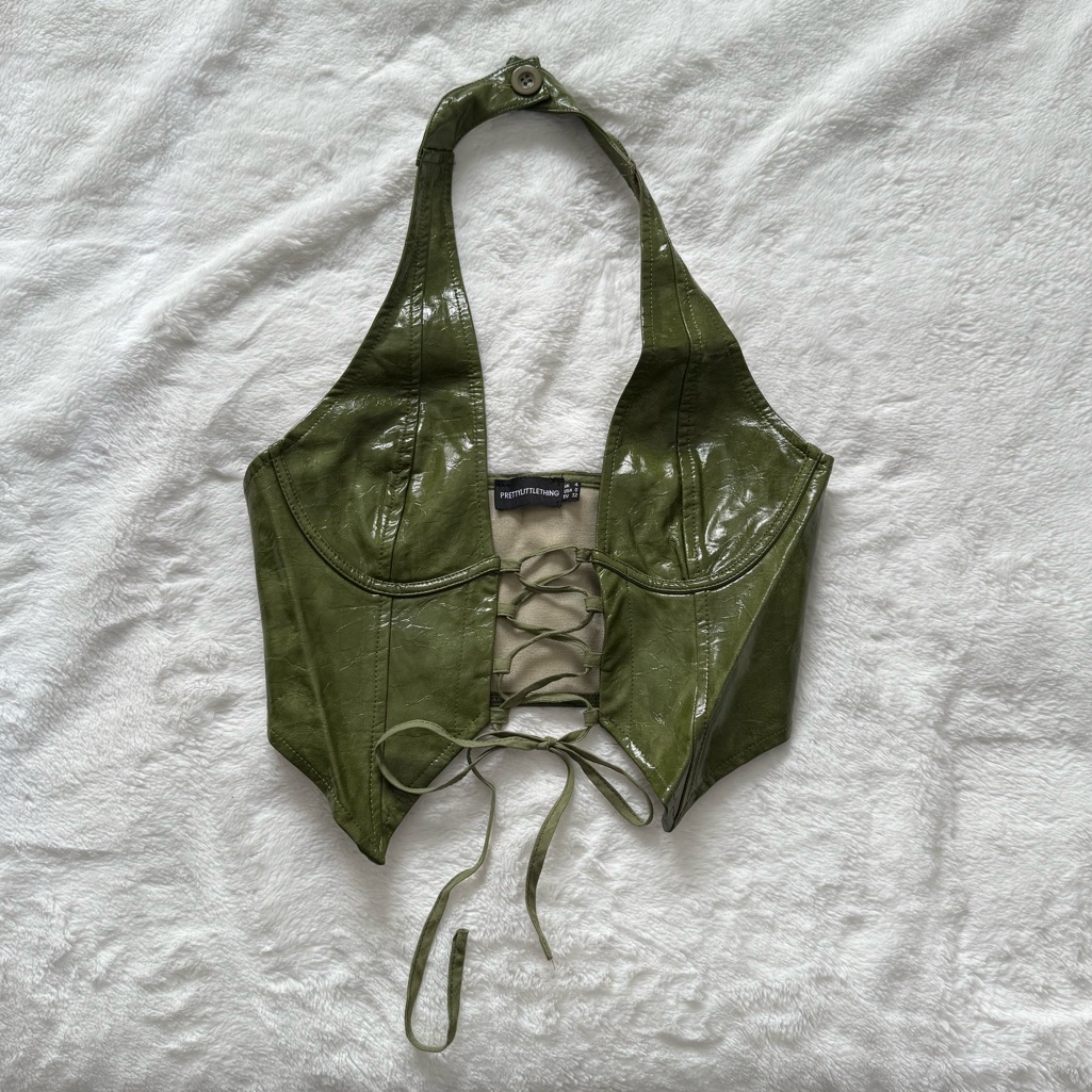 Prettylittlething Faux Leather Olive Green Halter Top